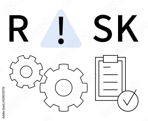 Gears next to a checklist with checkmark and a warning sign in place of the letter I in RISK. Ideal for business strategy, project planning, safety procedures, quality control, compliance