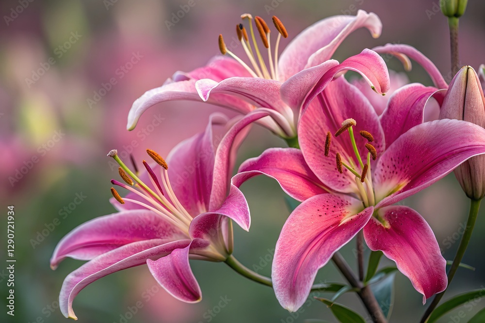 Naklejka premium Pink Lily's Gentle Embrace: Captivating close-up showcases elegant pink lilies in full bloom, exuding grace and delicate beauty against a softly blurred background.