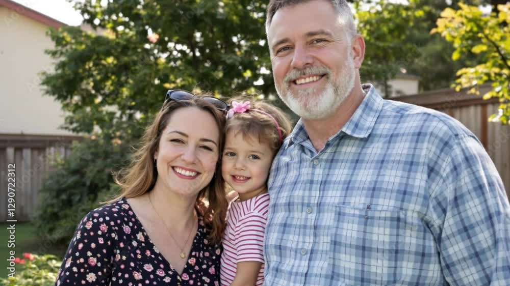 Portrait of smiling parents standing with their young daughter and son outside in their back yard at home in summer Portrait of smiling parents standing with their young daughter and son outside in their back yard at home in summer