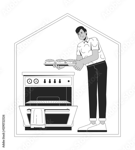 Indian man baking cinnamon rolls in cozy kitchen at home black and white 2D line character. Home cooking. Homemade desserts. Homebody isolated vector outline person. Monochromatic spot illustration