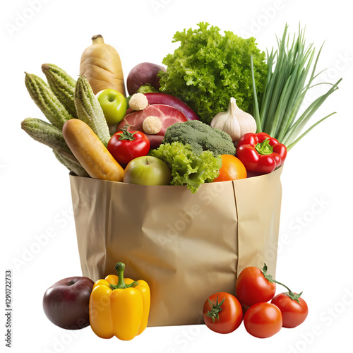 Healthy Grocery Bag: Fruits, Veggies & Bread isolated on transparent background
