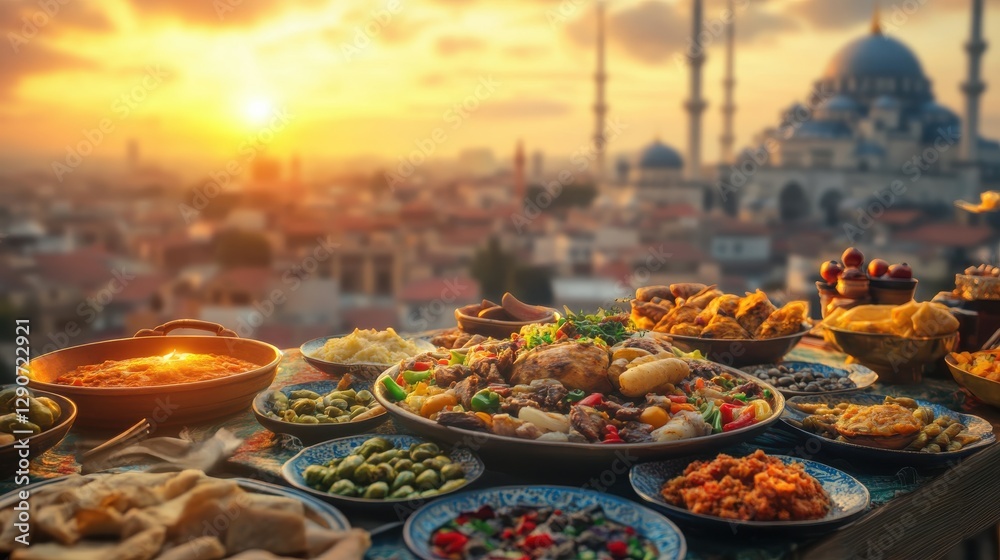 Obraz premium Exquisite Turkish Cuisine Spread Against an Istanbul Sunset Background