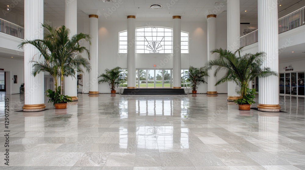 Fototapeta premium Grand White Lobby with Palm Trees and Large Windows