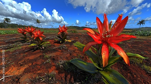 Vibrant Red Flowers in a Tropical Field