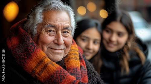 Portrait of a Smiling Elderly Indigenous Man with Two Young Women in the Background