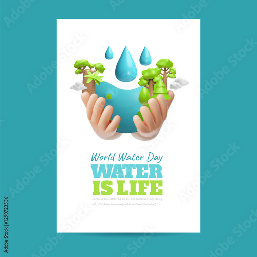 3D human hands holding a planet with trees and water drops.
