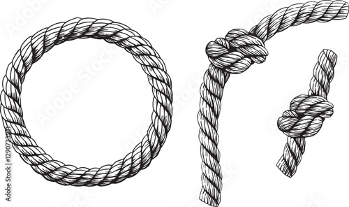 Set of knotted ropes cords eight knots vector. Nautical thread whipcord with loops and noose. Rope cord Twisted round frame. Illustration hand drawn graphic isolated background. Braided, folded spiral