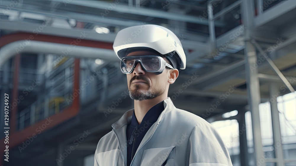 A male engineer wearing a futuristic helmet and augmented reality goggles in a factory. A worker uses an AR headset for inspection and production. A male engineer wearing a futuristic helmet and augmented reality goggles in a factory. A worker uses an AR headset for inspection and production.