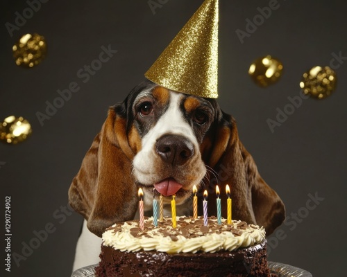 Gold Birthday Hat. Party Celebration with Funny Basset Hound in a Chocolate Cake Candle Blowout