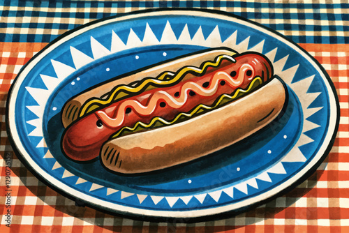 hot dog with mustard and ketchup on funny background cartoon illustration fast food