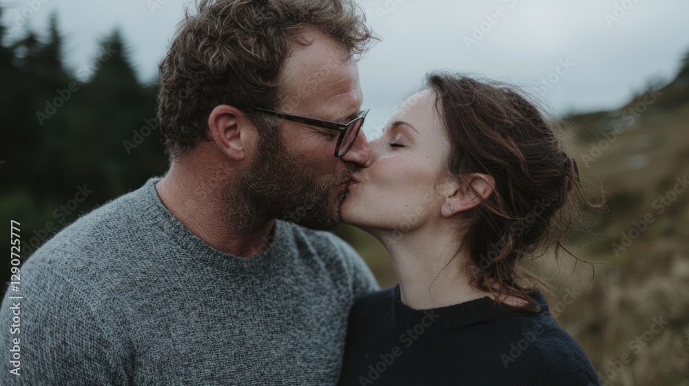 Couple kissing outdoors on a mountainside. Possible use Romantic relationship Couple kissing outdoors on a mountainside. Possible use Romantic relationship