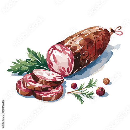Watercolor Style Sliced Salami with Herbs