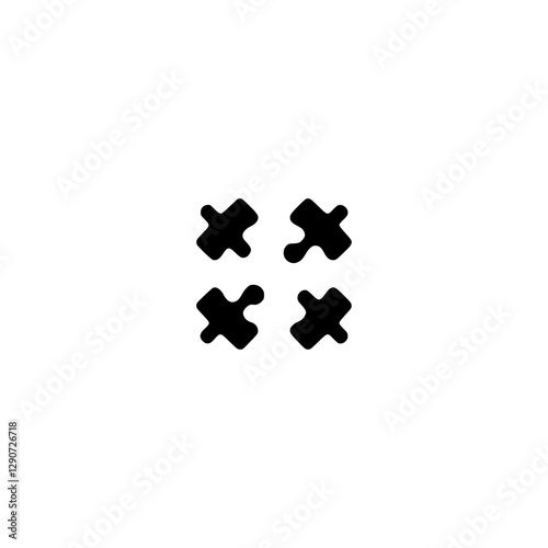 Isolated arrangement of four black puzzle pieces on white background, minimalist composition.
