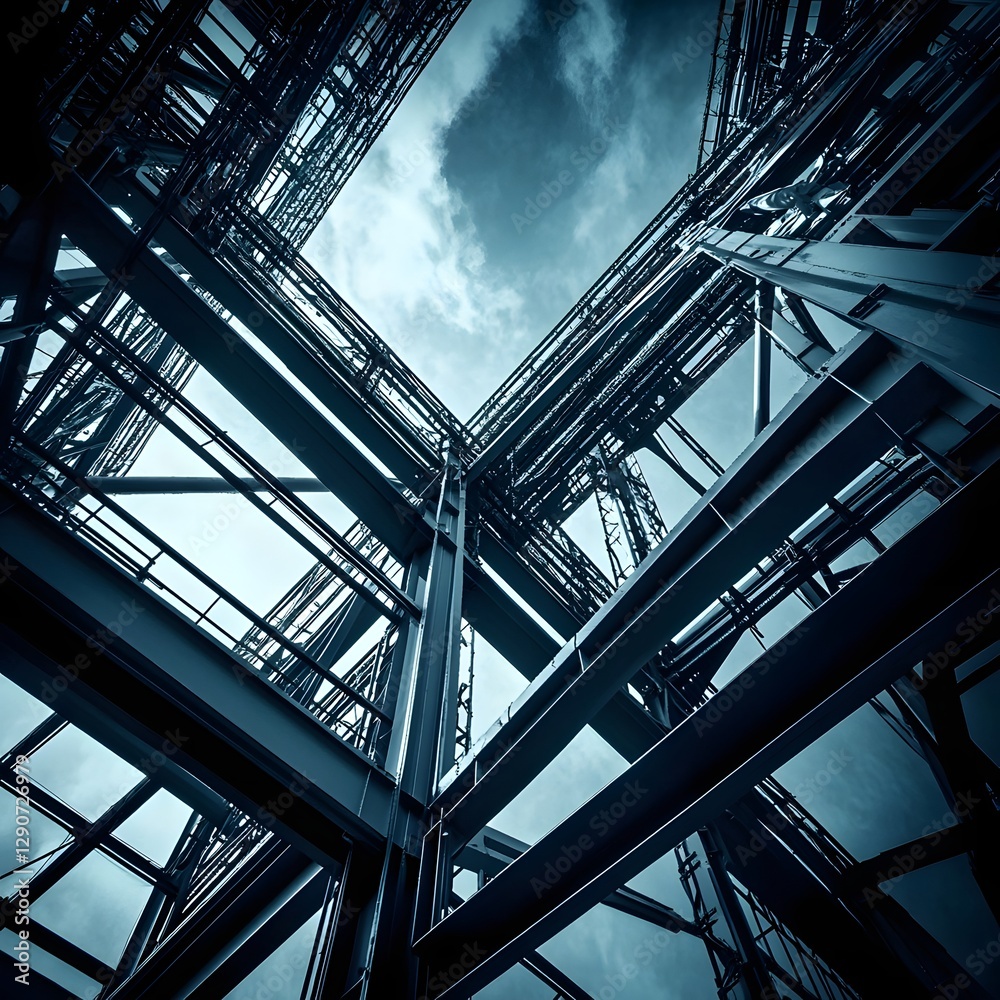 Striking Industrial Architecture with Interlocking Steel Frames and Dramatic Lighting Striking Industrial Architecture with Interlocking Steel Frames and Dramatic Lighting