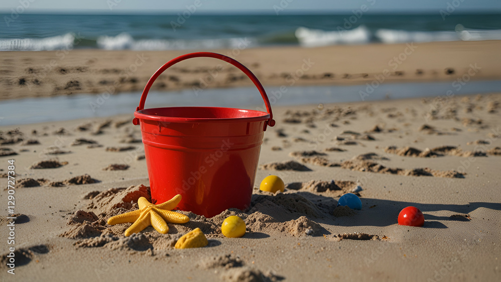 Bright Red Bucket and Colorful Toys Rest on Sandy Beach Under the Warm Summer Sun Bright Red Bucket and Colorful Toys Rest on Sandy Beach Under the Warm Summer Sun