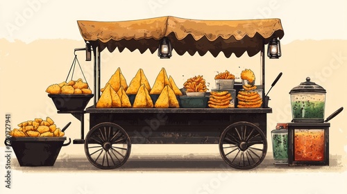 Traditional Indian Street Cart with Samosas Pani Puri and Local Delicacies Offering Authentic Flavors and Vibrant Culture