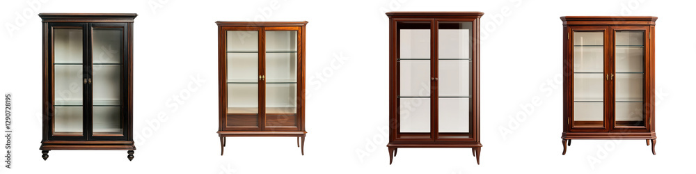 Obraz premium Luxurious Wooden Display Cabinets with Glass Doors and Shelves for Classic Home Decor Interior Design Office Furnishings and Retail Store Organization