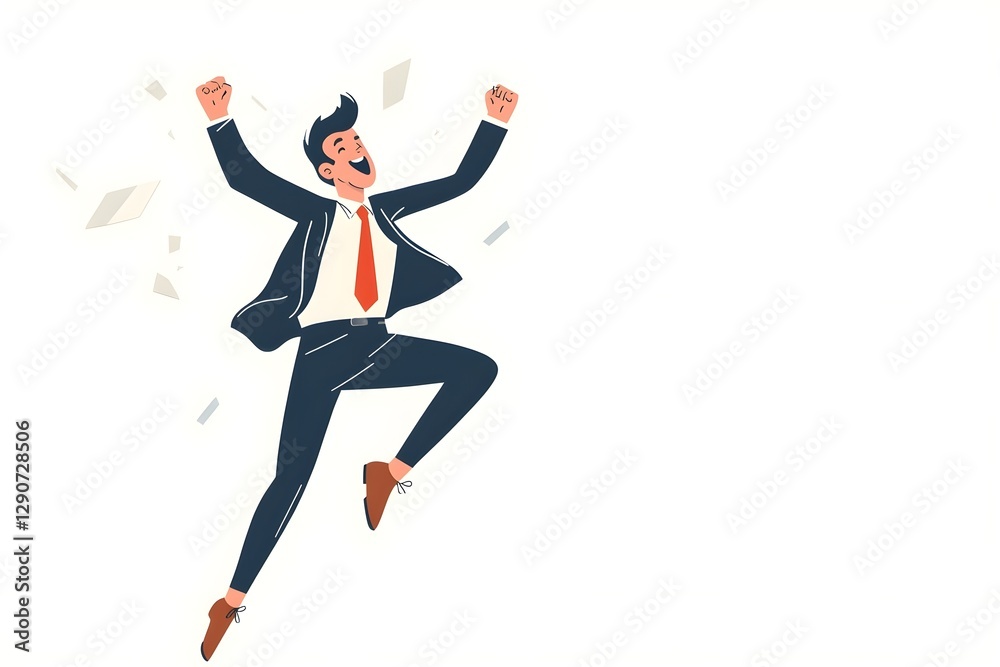 Fototapeta premium A man in a suit is jumping up and down with his arms raised, looking happy