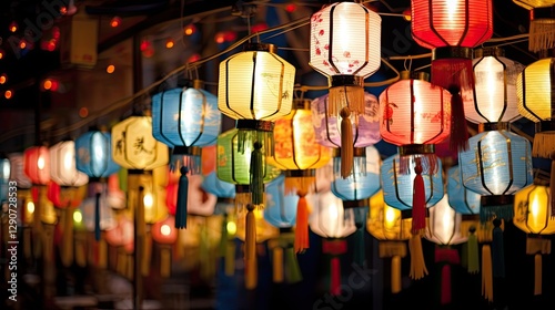 A long garland of many festive multi-colored Chinese lanterns against a dark night sky background. Traditional New Year's street decorations. photo