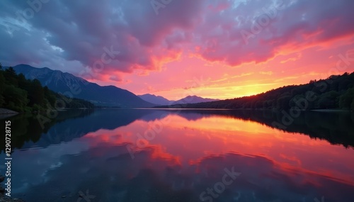 Water reflected in Ruppiner Seenplatte lake at sunset, Lake, Nature, Mountains