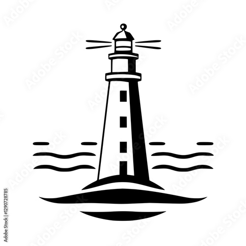 Black and white, minimalist illustration of a lighthouse.