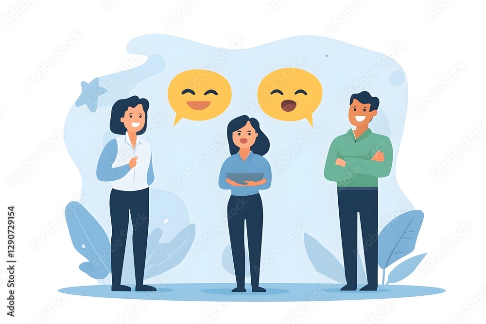Three people are standing together, smiling and talking Three people are standing together, smiling and talking