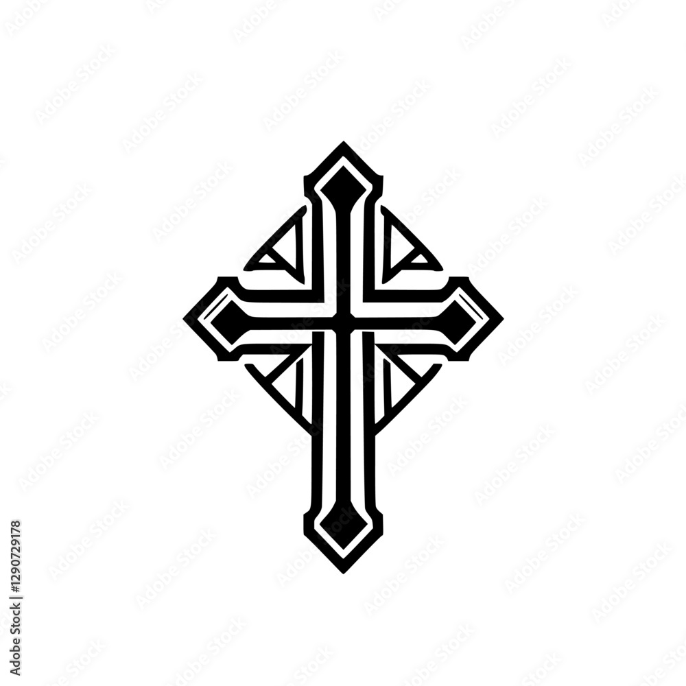 Black, Geometric, Decorative, and Symbolic Cross, Centered, Minimalist Design, Black Background. Black, Geometric, Decorative, and Symbolic Cross, Centered, Minimalist Design, Black Background.