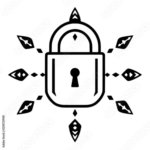 Black padlock surrounded by radial emanating artistic leaf-like shapes.