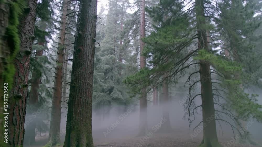 Misty forest at night with moonlight. Foggy wood path. Spooky and mysterious landscape. Halloween celebration concept