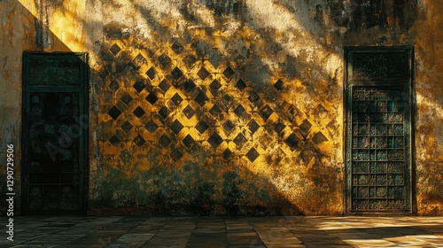 Rustic Wall with Two Doors and Textured Yellow Shadow Patterns photo