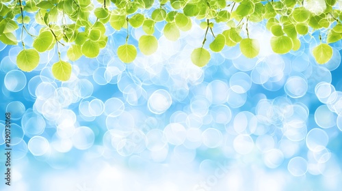 Bright Green Leaves Hanging Over Blue Bokeh Background