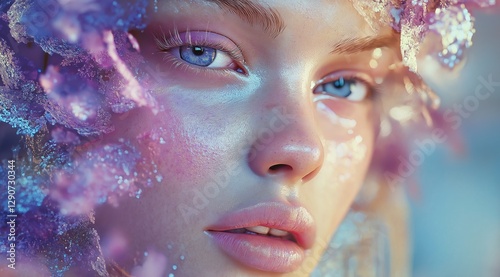 beautiful girl of model appearance with shining and iridescent skin with vibrating colors. Fashion and glamour concept.