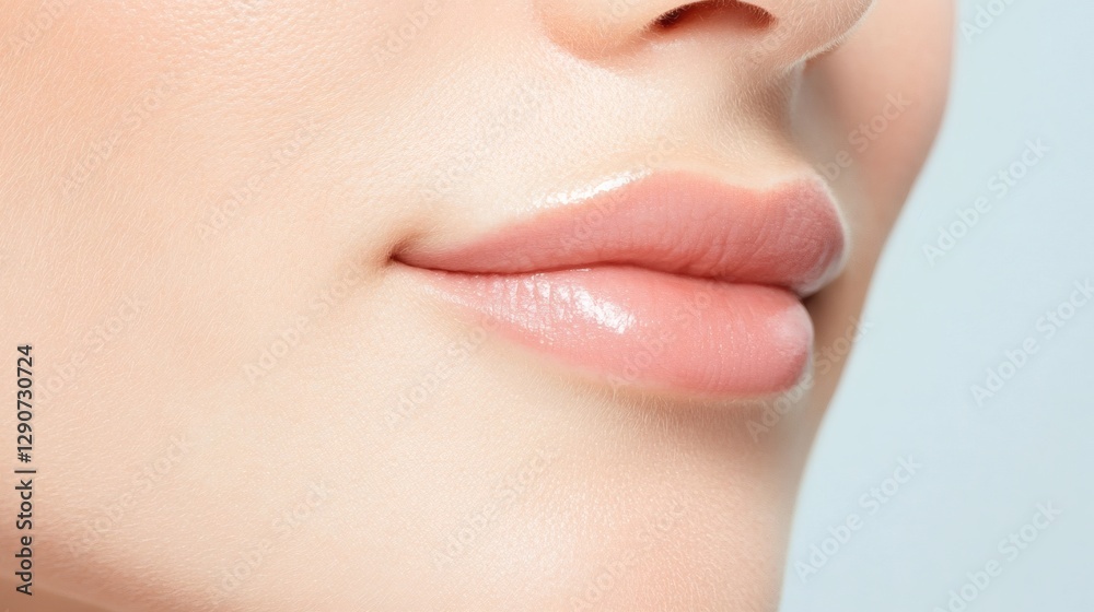 Obraz premium Smooth, natural-looking lips highlighted with a glossy finish in a close-up shot taken indoors during daylight