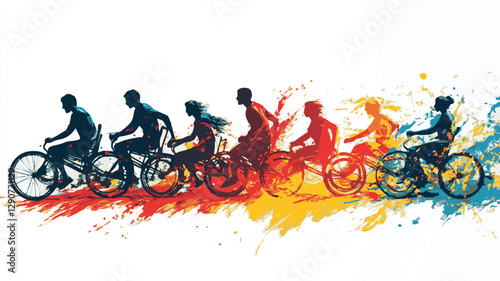 Group of diverse friends dancing and jumping at a party They are all wearing casual clothes and are having a great time and  People are silhouetted in front of a colorful background Art & Illustration