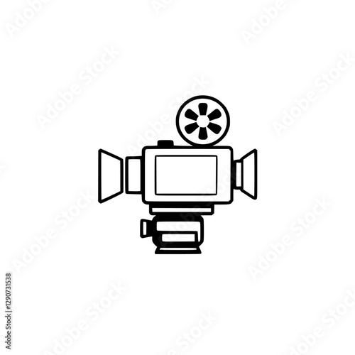 Retro camera with a black and white, minimal design in front of a white background, featuring the classic movie camera.