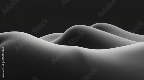 A minimalistic close-up of soft rolling hills under dramatic lighting, emphasizing smooth textures and subtle gradients in shades of gray, creating a peaceful and serene atmosphere.