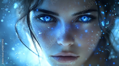 Woman, blue eyes, snow, fantasy, artwork