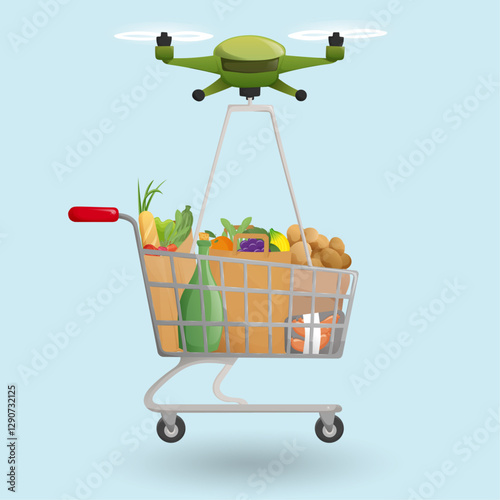 concept of online delivery by drone courier during discount season, contactless delivery of Shopping cart
