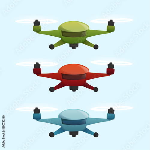 set of three drones in green, red and blue colors