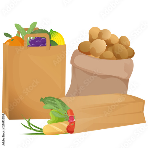 paper bags with organic products from the supermarket, vegetables, fruits