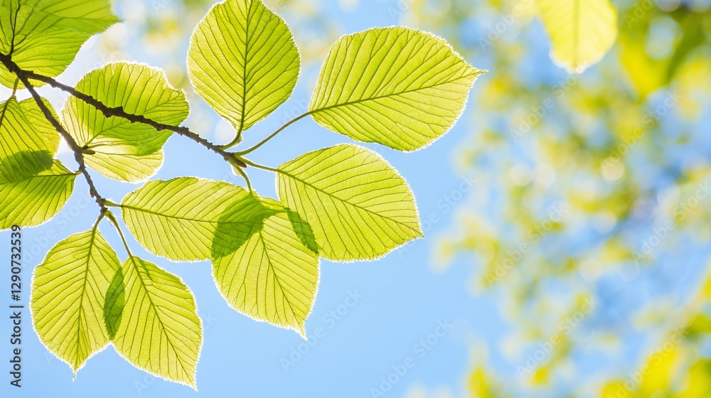 Bright Green Leaves on Branch Against Blue Sky Bright Green Leaves on Branch Against Blue Sky