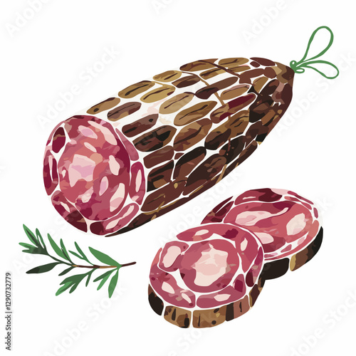 Watercolor Style Sliced Salami with Herbs