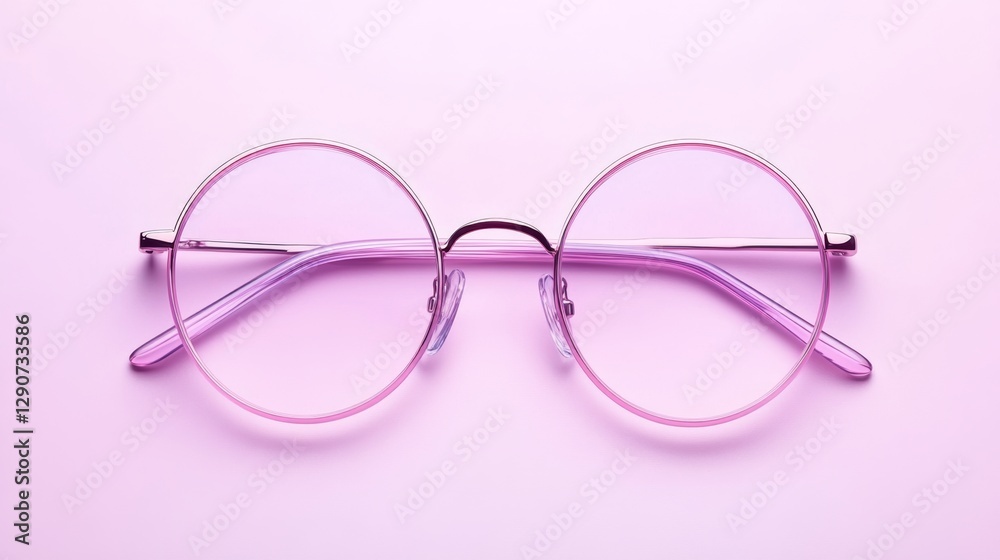 Stylish round glasses with a soft pink hue on a pastel background Stylish round glasses with a soft pink hue on a pastel background