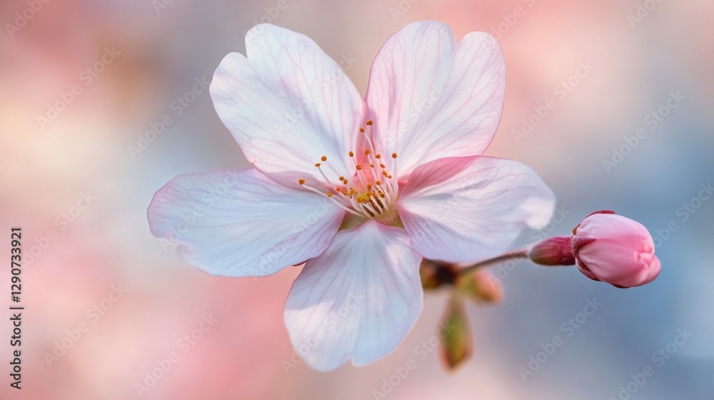A close-up of a single cherry blossom flower with intricate details, showcasing its soft pink hue and delicate structure against a blurred background of blooms A close-up of a single cherry blossom flower with intricate details, showcasing its soft pink hue and delicate structure against a blurred background of blooms