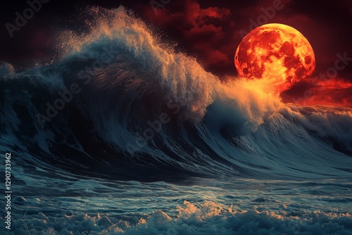 Powerful Ocean Wave Crashing Under a Dramatic Orange Moon at Dusk