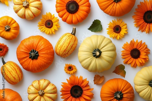 Festive Arrangement of White and Orange Pumpkins With Vibrant Sunflowers and ...