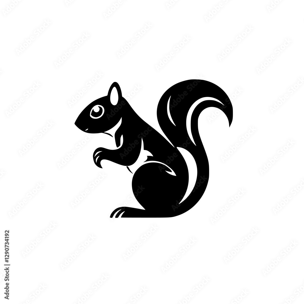 Obraz premium Silhouette of a squirrel with thick black lines and large, dramatic tail, on white background.