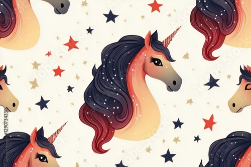 Colorful Unicorn Heads With Stars and Sparkles on a Light Background in a Whi...