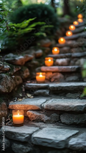 Stairway Illuminated by Candles Amidst a Lush Garden During Twilight