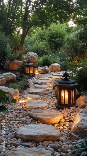 Serene Garden Pathway Illuminated by Lanterns in a Tranquil Setting of Rocks ...